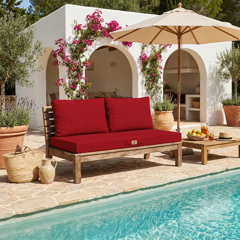 Ensemble Coussins Salon Jardin 100x50 Rouge - Déhoussable & Anti-UV (1 Assise + 2 Dossiers)