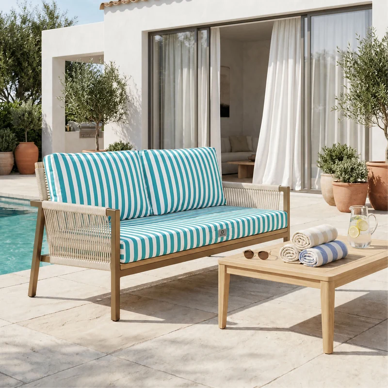 Ensemble Coussins Salon Jardin 120x60 Rayure Turquoise - Premium 270g (1 Assise + 2 Dossiers)
