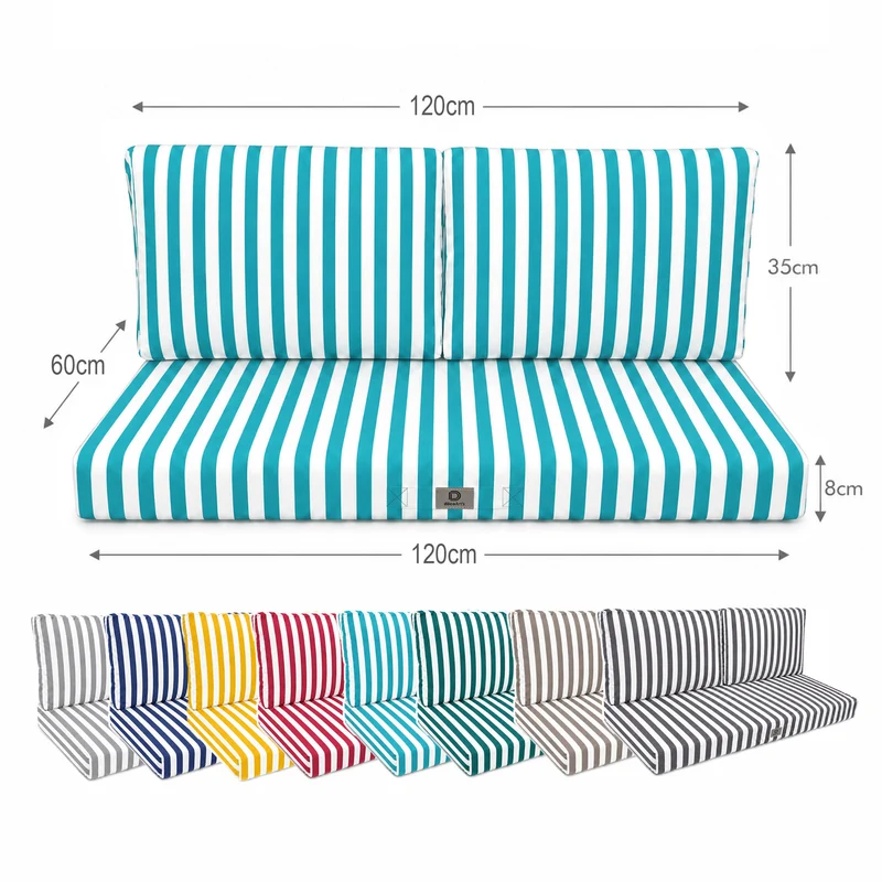 Ensemble Coussins Salon Jardin 120x60 Rayure Turquoise - Premium 270g (1 Assise + 2 Dossiers)