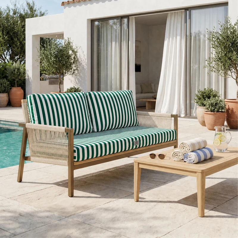 Ensemble Coussins Salon Jardin 120x60 Rayure Vert - Premium 270g (1 Assise + 2 Dossiers)