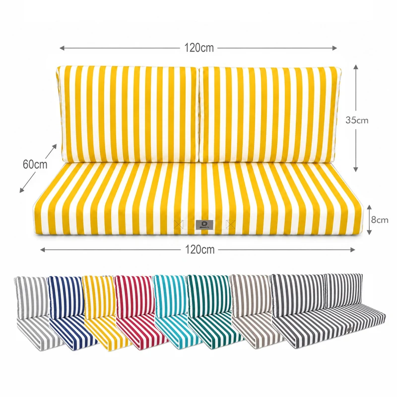 Ensemble Coussins Salon Jardin 120x60 Rayure Jaune - Premium 270g (1 Assise + 2 Dossiers)