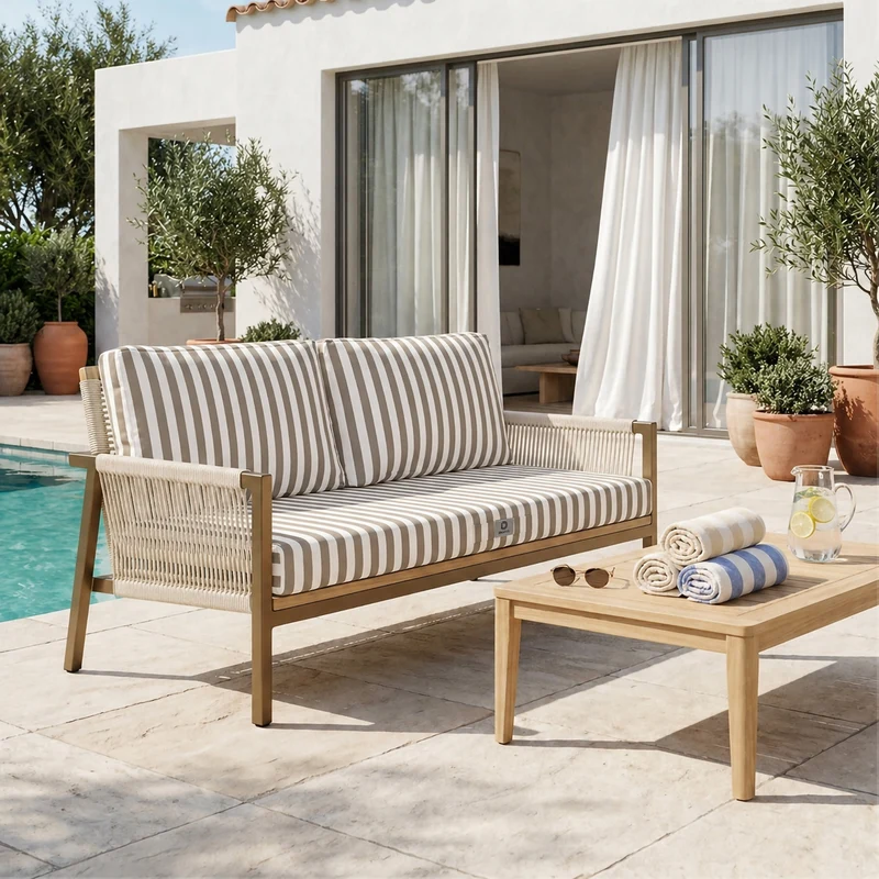 Ensemble Coussins Salon Jardin 100x50 Rayure Beige - Premium 270g (1 Assise + 2 Dossiers)