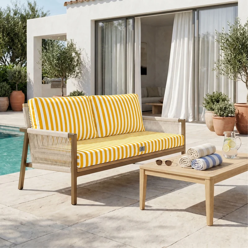 Ensemble Coussins Salon Jardin 100x50 Rayure Jaune - Premium 270g (1 Assise + 2 Dossiers)