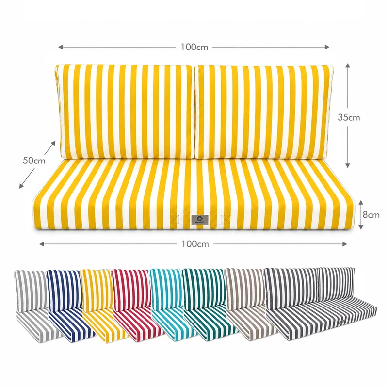 Ensemble Coussins Salon Jardin 100x50 Rayure Jaune - Premium 270g (1 Assise + 2 Dossiers)