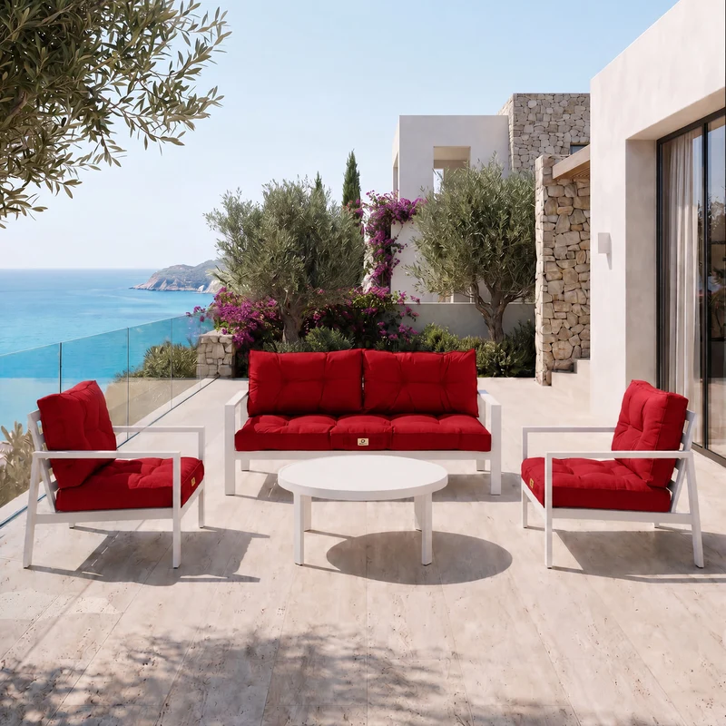 Ensemble Coussins Capitonné 50x50 Rouge - Épais 15cm & Moelleux (Assise + Dossier)
