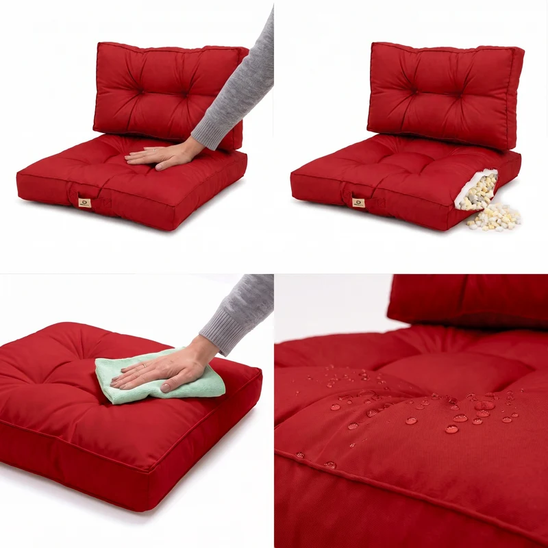 Ensemble Coussins Capitonné 50x50 Rouge - Épais 15cm & Moelleux (Assise + Dossier)