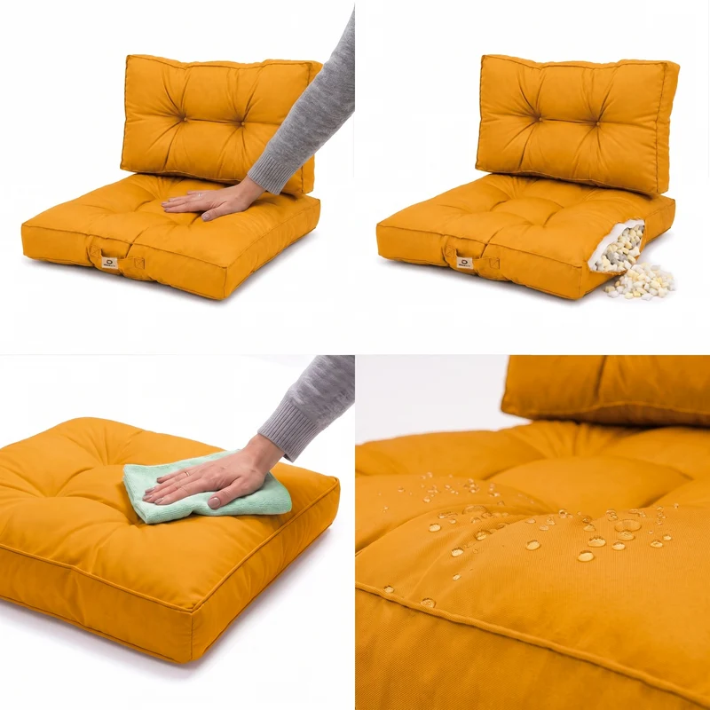 Ensemble Coussins Capitonné 50x50 Jaune - Épais 15cm & Moelleux (Assise + Dossier)