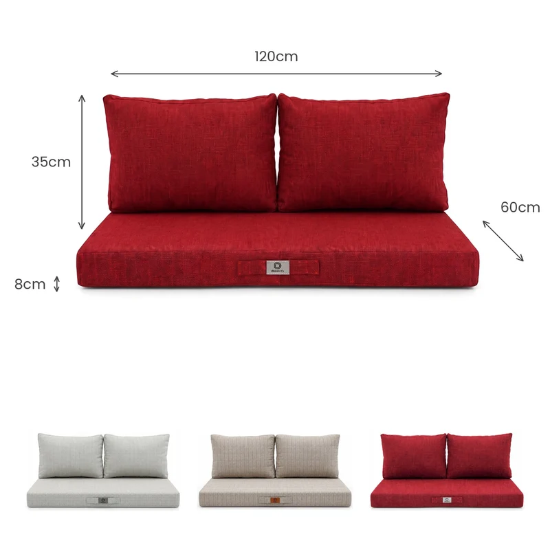 Ensemble Coussins Salon Jardin 120x60 Rouge Bordeaux - 1 Assise + 2 Dossiers (Premium 270g)