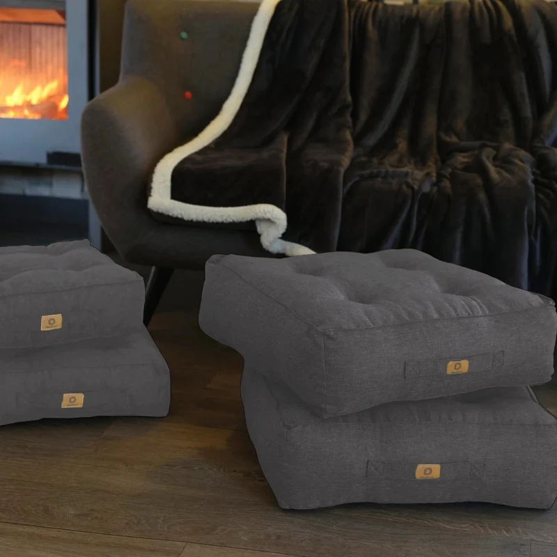 Lot de 2 Coussins de Sol Effet Lin 50x50 Gris Chiné - Épais 18cm (Haut de Gamme)
