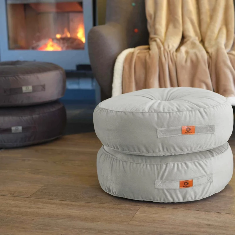 Lot de 2 Poufs Ronds Velours XL Ø60 Gris Clair - (Grand Confort & Poignée)