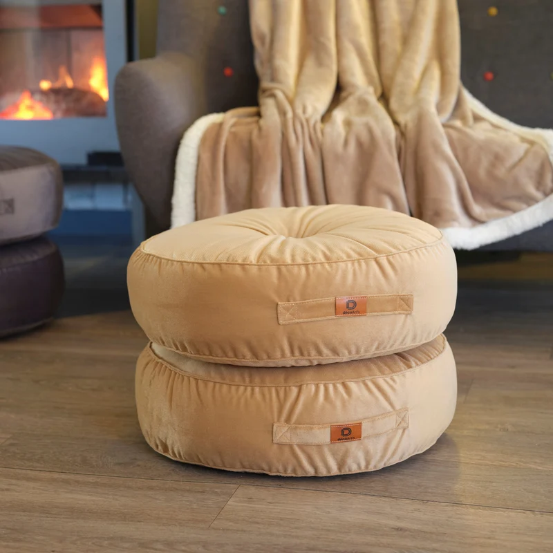 Lot de 2 Poufs Ronds Velours Ø50 Beige - (Design Doux & Poignée)