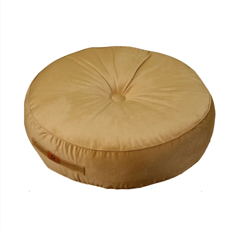 Lot de 2 Poufs Ronds Velours Ø50 Beige - (Design Doux & Poignée)