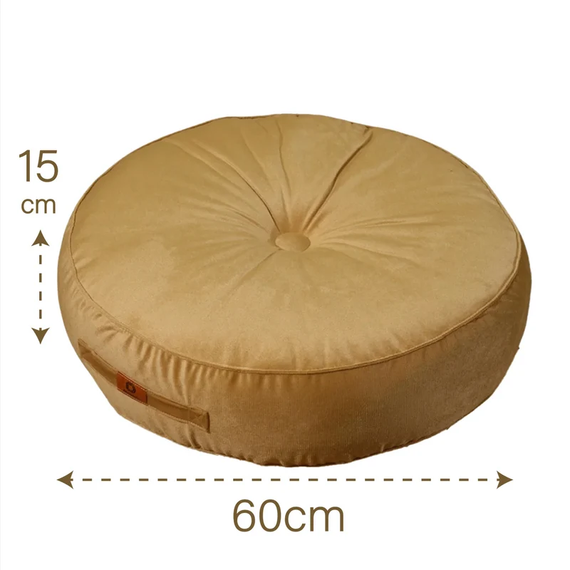 Lot de 2 Poufs Ronds Velours XL Ø60 Beige - (Grand Confort & Poignée)