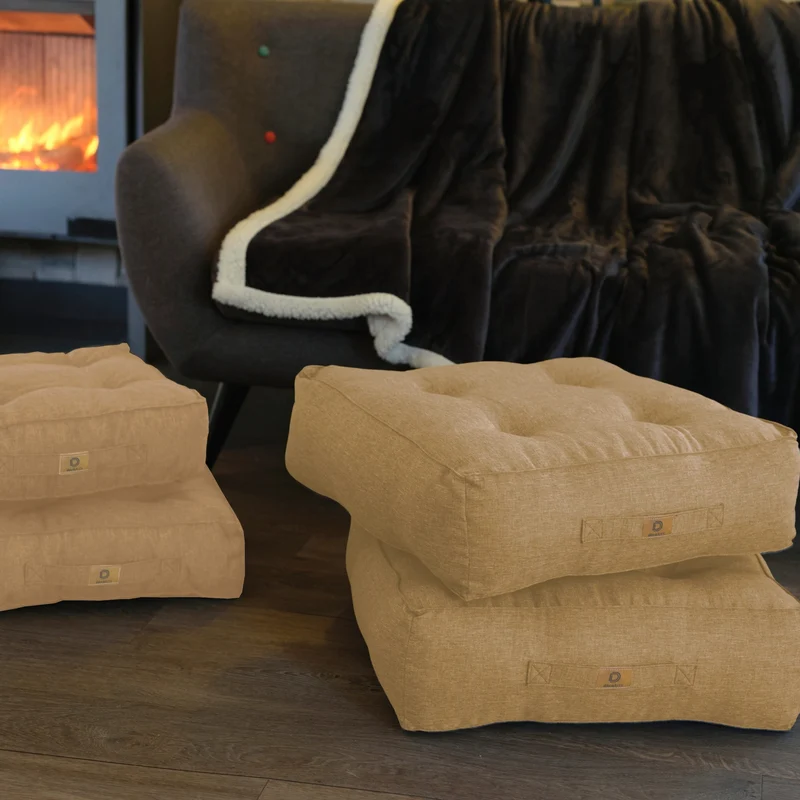 Lot de 2 Coussins de Sol Effet Lin 50x50 Beige - Épais 18cm (Haut de Gamme)