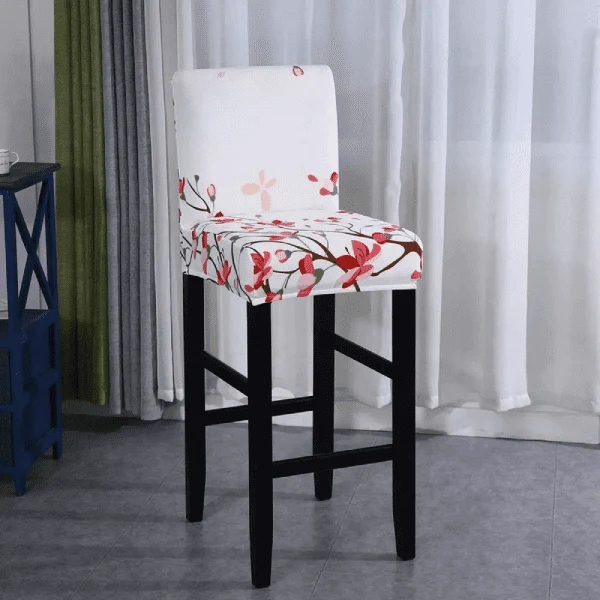 Housse de Tabouret de Bar Extensible Blanche à Motifs Floraux Roses