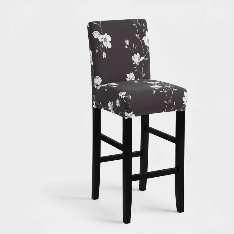 Housse de Tabouret de Bar Extensible Noire à Motifs Floraux Blancs