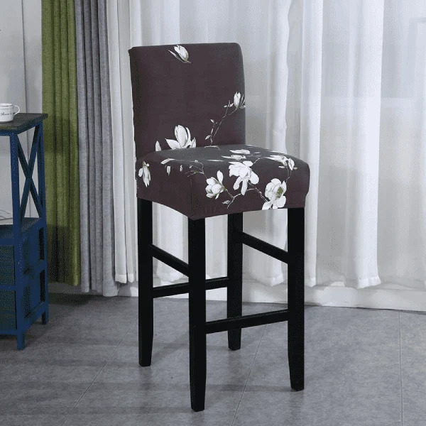 Housse de Tabouret de Bar Extensible Noire à Motifs Floraux Blancs