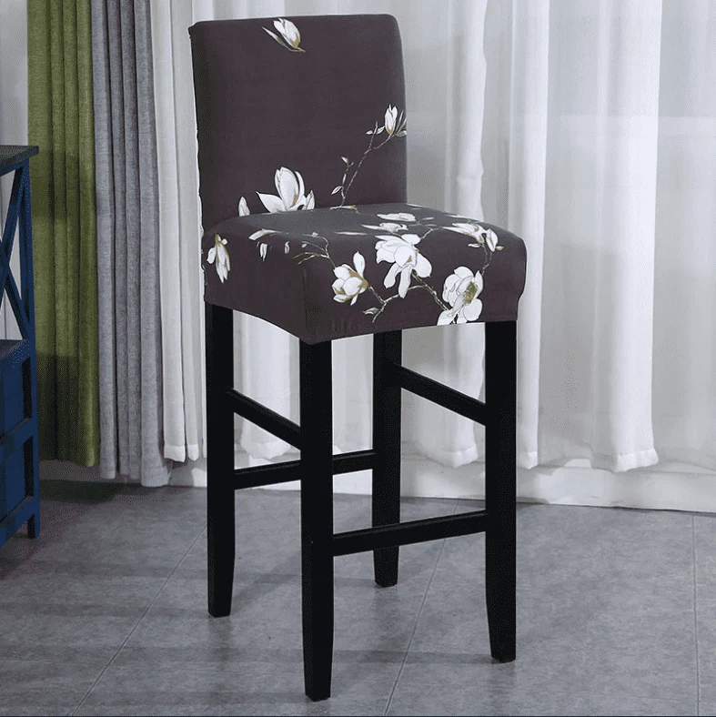 Housse de Tabouret de Bar Extensible Noire à Motifs Floraux Blancs