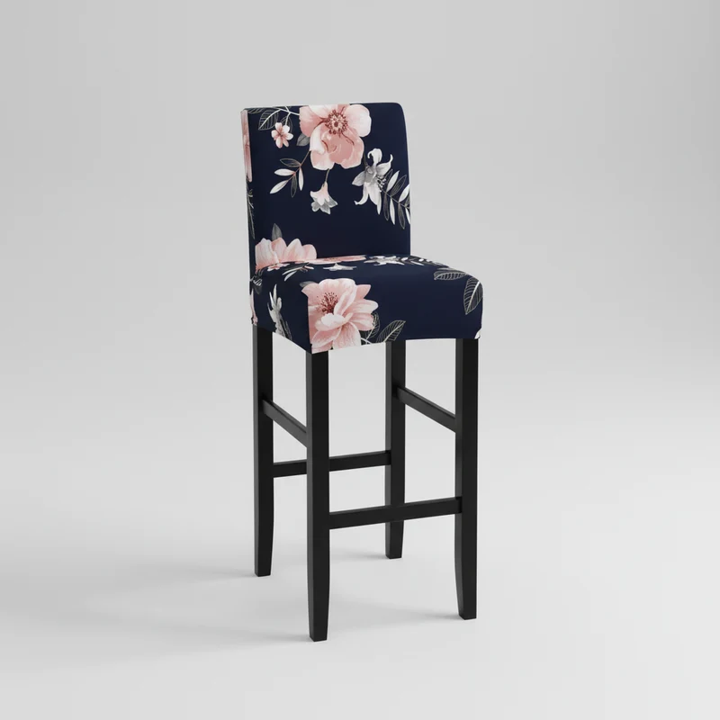 Housse Tabouret de Bar Extensible - Motif Florale Bleu Marine et Rose