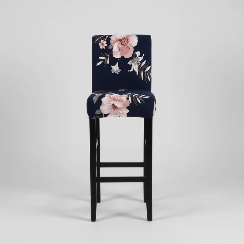 Housse Tabouret de Bar Extensible - Motif Florale Bleu Marine et Rose