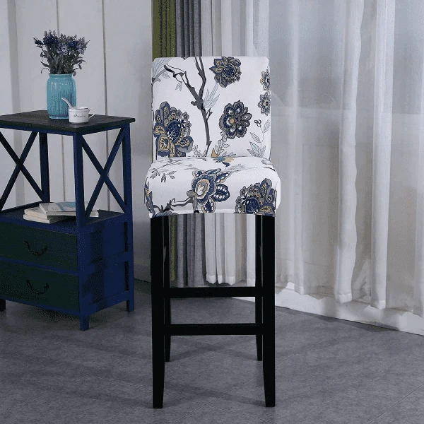 Housse de Tabouret de Bar Extensible - Motif Floral Bleu et Gris - Confort et Style Moderne