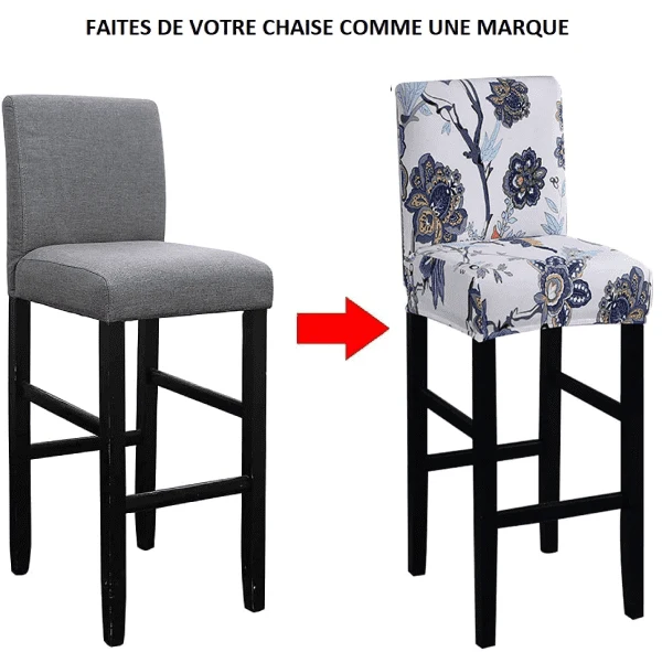 Housse de Tabouret de Bar Extensible - Motif Floral Bleu et Gris - Confort et Style Moderne