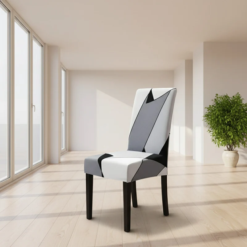 Housse de Chaise Extensible à Motifs Modernes - Style Scandinave Gris Blanc