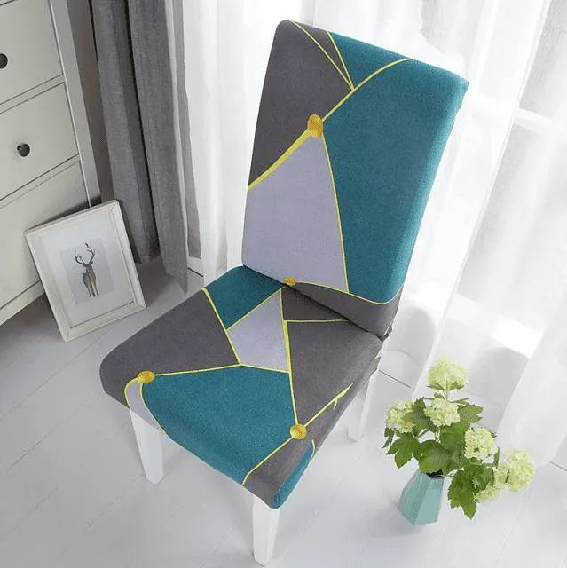 Housse de Chaise Extensible à Motifs Modernes - Style Scandinave Bleu Gris