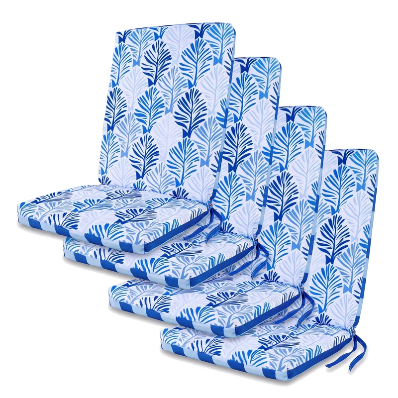 Lot de 2 Coussins Chaise Haut Dossier 95x40 - Motif Feuillage Bleu (Confort 5cm)