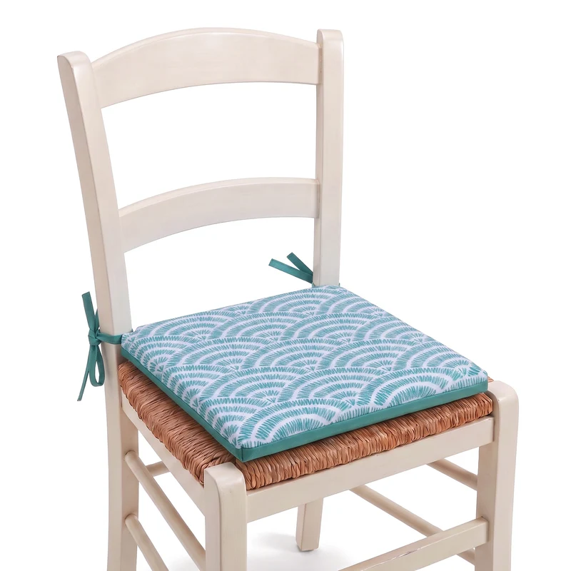 Lot de 4 Galettes de Chaise 35x35 Motif Éventails Verts - Confort & Déco (Avec Attaches)