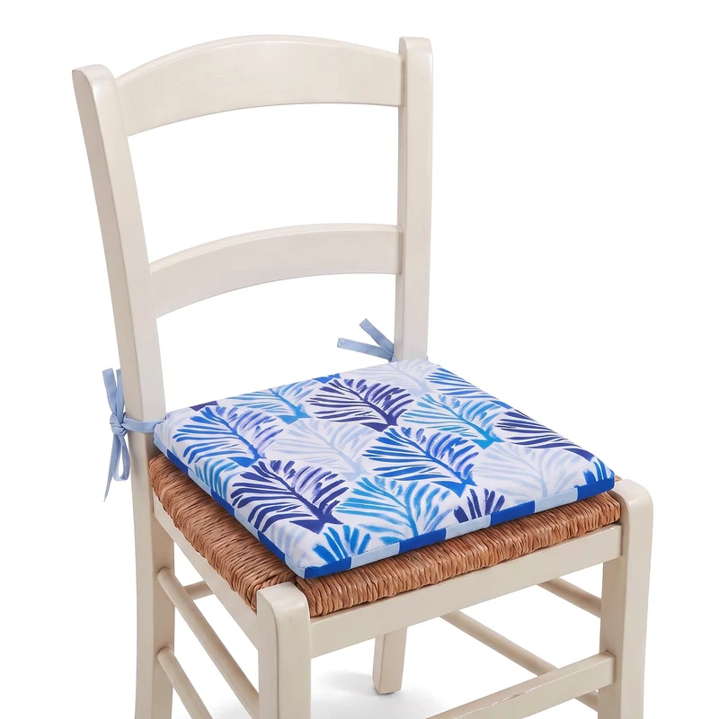 Lot de 4 Galettes de Chaise 35x35 Motif Feuillage Bleu - Confort & Déco (Avec Attaches)