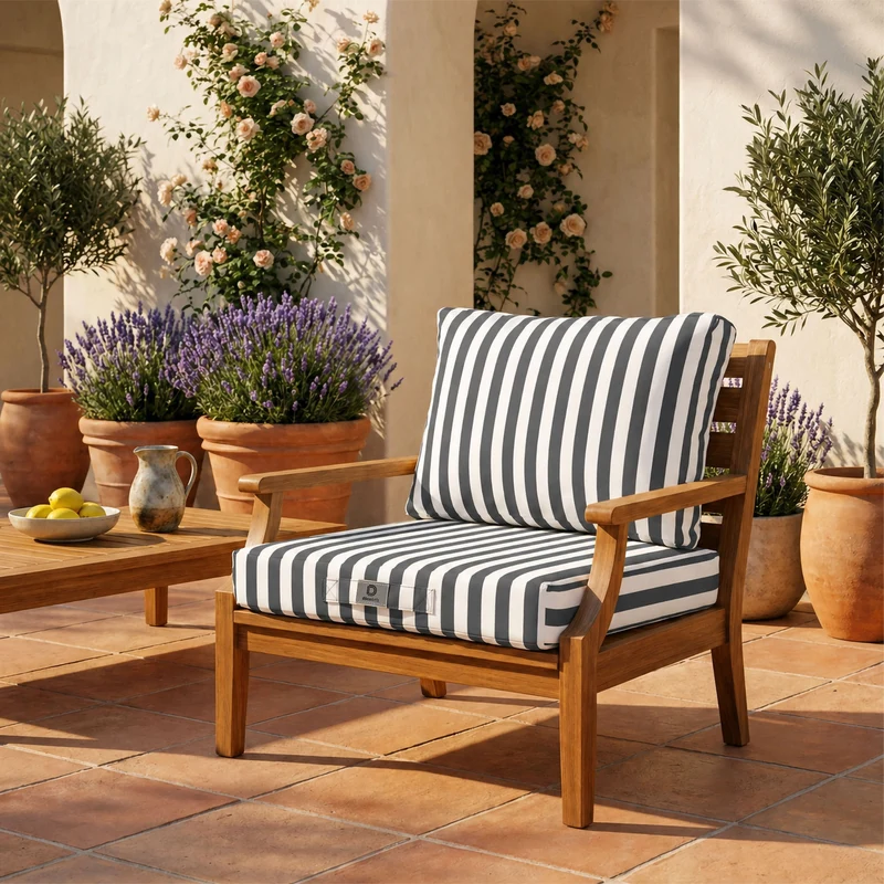 Ensemble Coussins Salon Jardin 60x60 Rayure Gris Foncé - Premium 270g (Assise + Dossier)
