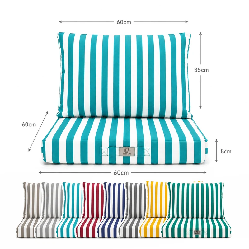 Ensemble Coussins Salon Jardin 60x60 Rayure Turquoise - Premium 270g (Assise + Dossier)