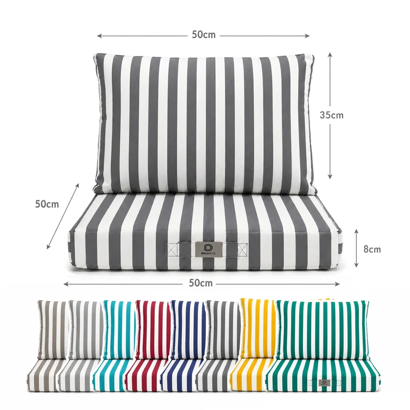 Ensemble Coussins Salon Jardin 50x50 Rayure Gris Foncé - Premium 270g (Assise + Dossier)