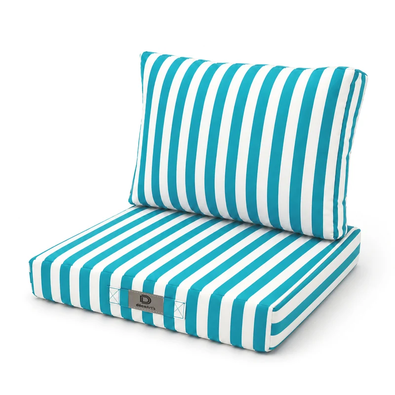 Ensemble Coussins Salon Jardin 50x50 Rayure Turquoise - Premium 270g (Assise + Dossier)