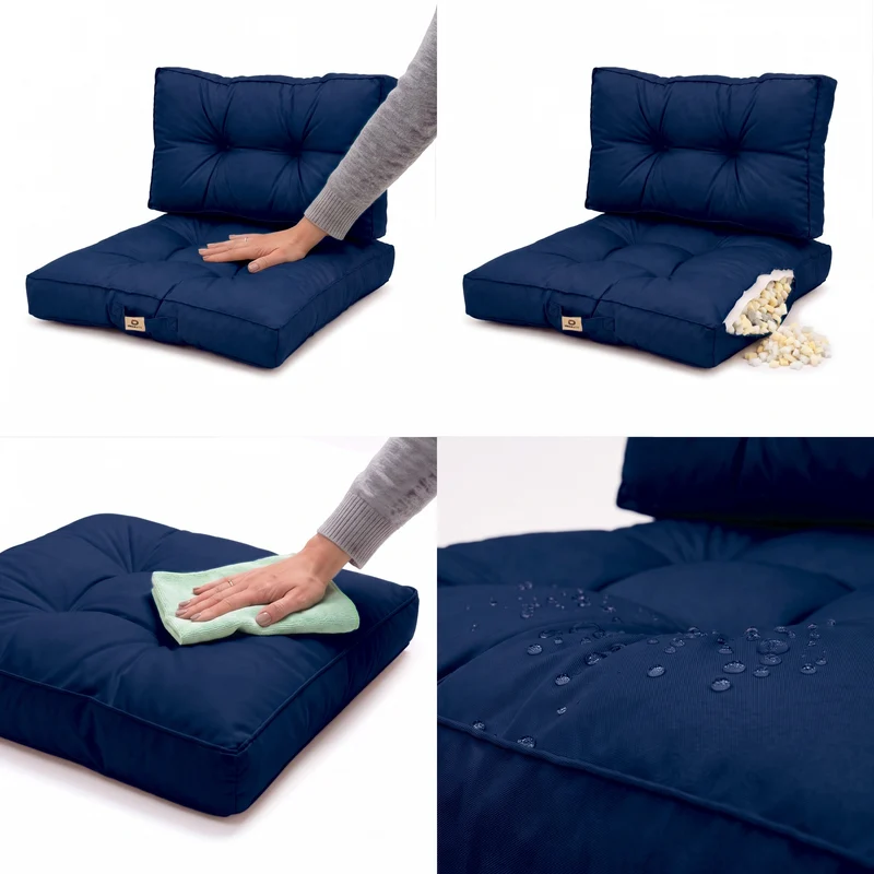 Ensemble Coussins Capitonné 50x50 Bleu Pétrole - Épais 15cm & Moelleux (Assise + Dossier)