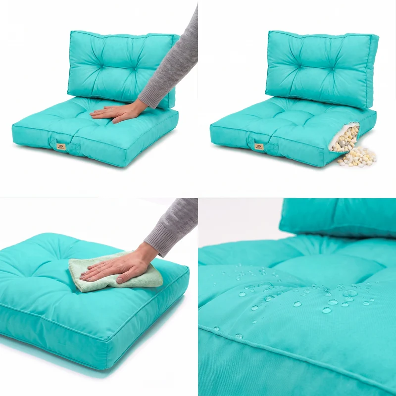 Ensemble Coussins Capitonné 50x50 Bleu Caraïbes - Épais 15cm & Moelleux (Assise + Dossier)