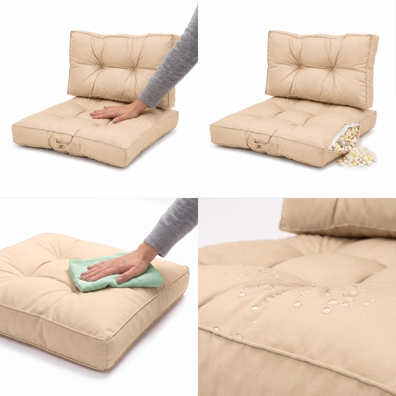 Ensemble Coussins Capitonné 50x50 Beige - Épais 15cm & Moelleux (Assise + Dossier)