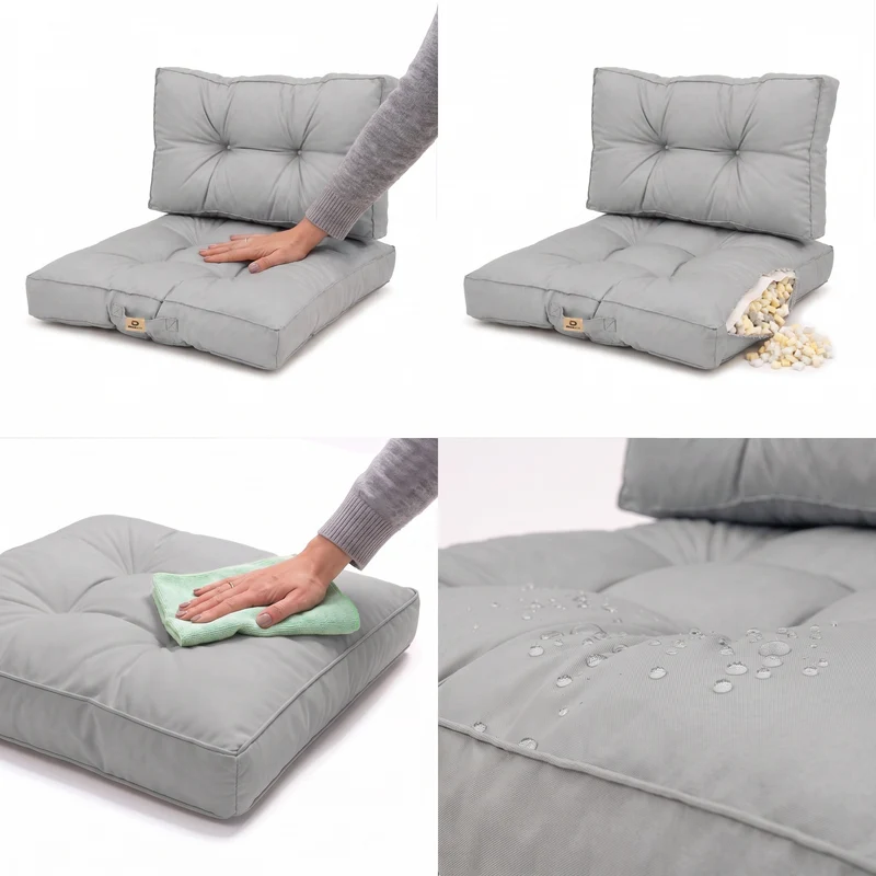 Ensemble Coussins Capitonné 60x60 Gris Galet - Épais 15cm & Moelleux (Assise + Dossier)
