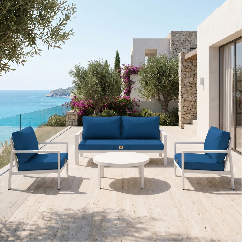 Ensemble Coussins Salon Jardin 50x50 Bleu Pétrole - Déhoussable & Anti-UV (Assise + Dossier)