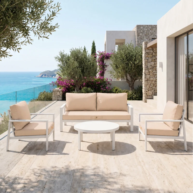 Ensemble Coussins Salon Jardin 50x50 Beige - Déhoussable & Anti-UV (Assise + Dossier)