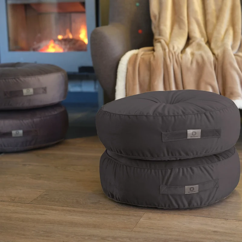 Lot de 2 Poufs Ronds Velours Ø50 Gris Foncé - (Design Doux & Poignée)