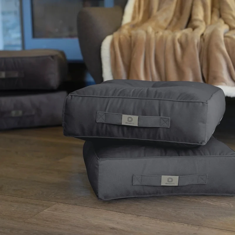 Lot de 2 Poufs Velours XL 54x54 Gris Foncé - Épais 18cm (Grand Confort)