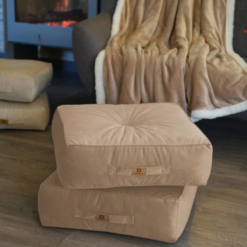 Lot de 2 Poufs Velours XL 54x54 Gris Clair - Épais 18cm (Grand Confort)