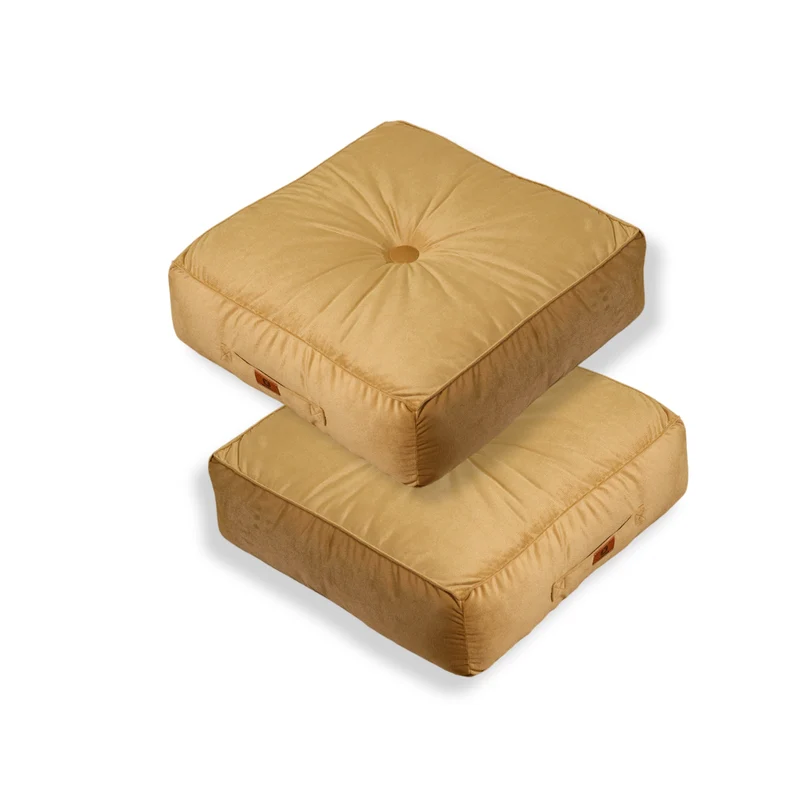 Lot de 2 Poufs Velours XL 54x54 Beige - Épais 18cm (Grand Confort)