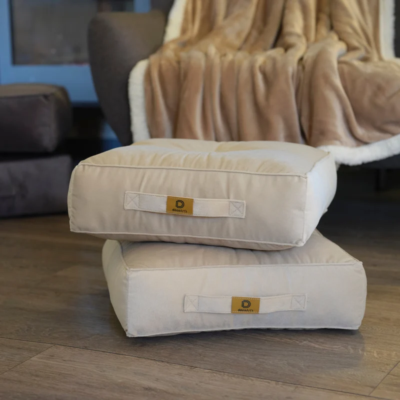 Lot de 2 Poufs Velours 40x40 Gris Clair - Épais 14cm (Coussin de Sol Intérieur)