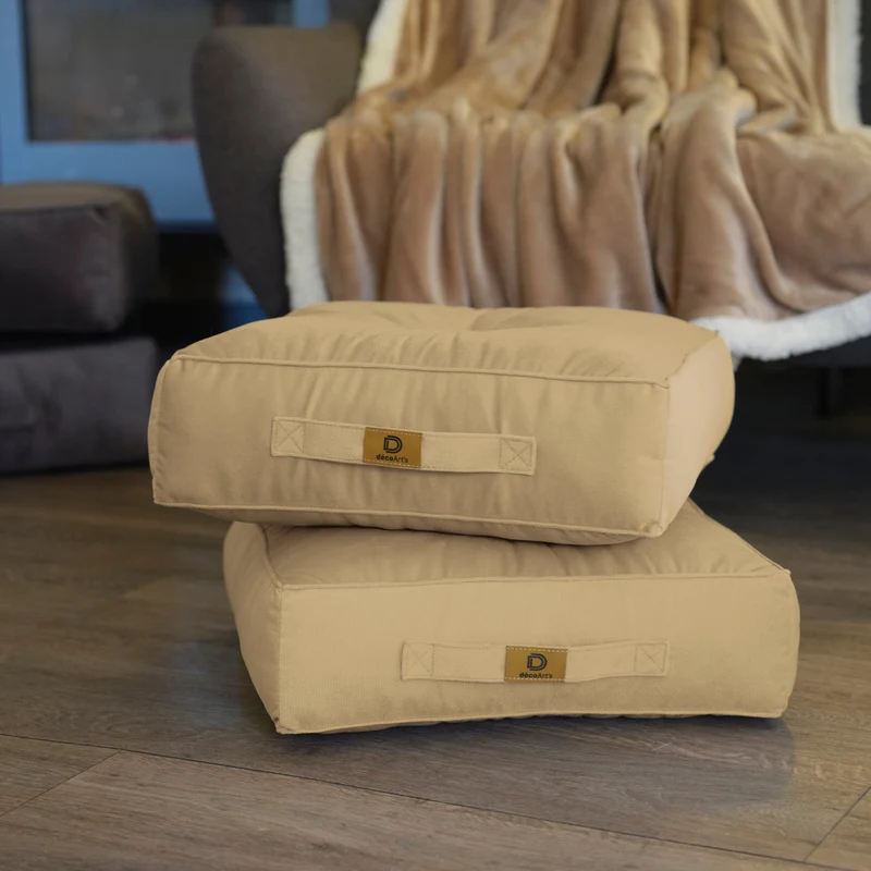 Lot de 2 Poufs Velours 40x40 Crème - Épais 14cm (Coussin de Sol Intérieur)