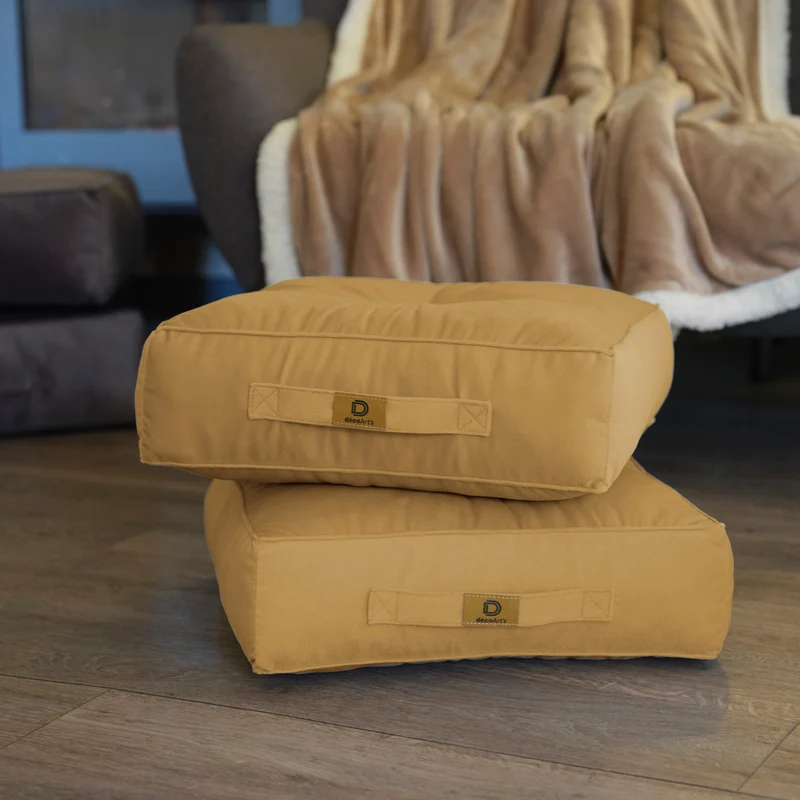 Lot de 2 Poufs Velours 40x40 Beige - Épais 14cm (Coussin de Sol Intérieur)