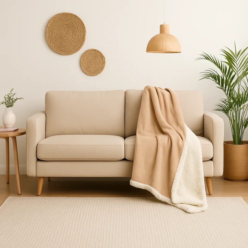 Plaid Sherpa Flanelle 150x200 Beige - Double Face Épais 480g/m² (Spécial Canapé)