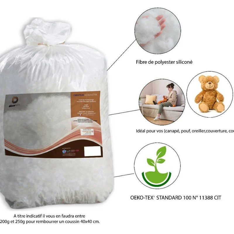 Sac 1kg Ouate de Rembourrage - Fibre Polyester Siliconée (Coussins & Peluches)